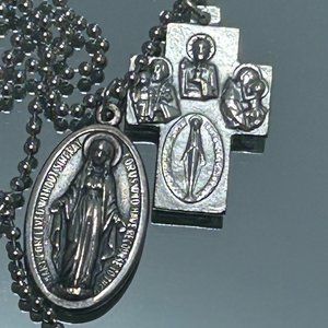 Long Silver Tone Religious Medal Necklace Miraculous Virgin Mary and Cross